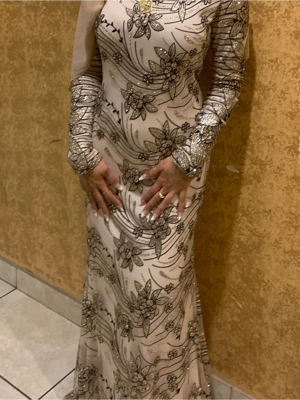 Ivory Long-Sleeve Beaded Floral Gown